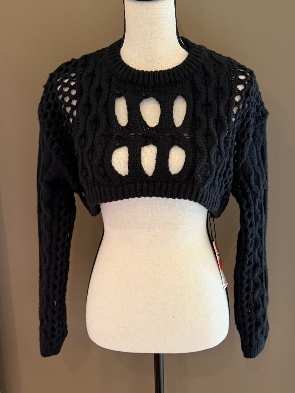 NWT Black Knit Cropped Hollow Out Long Sleeve Sweater Boho, Size Small